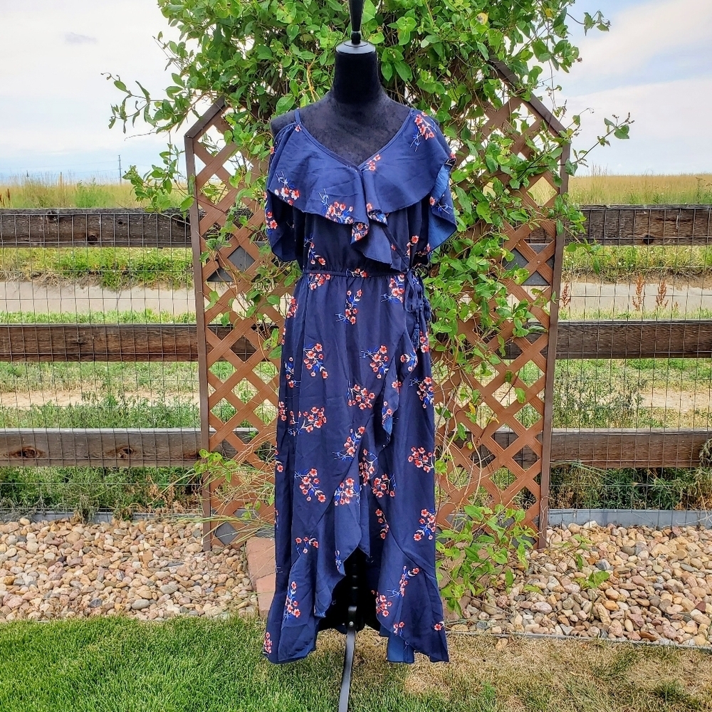 Indulge Women's Size XL Blue and Coral Floral Off Shoulder High Low Dress NWOT